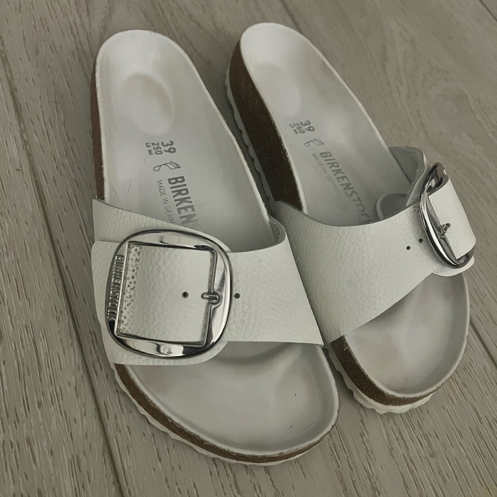 Birkenstock White Sandals with Contoured Footbed and Silver Buckle